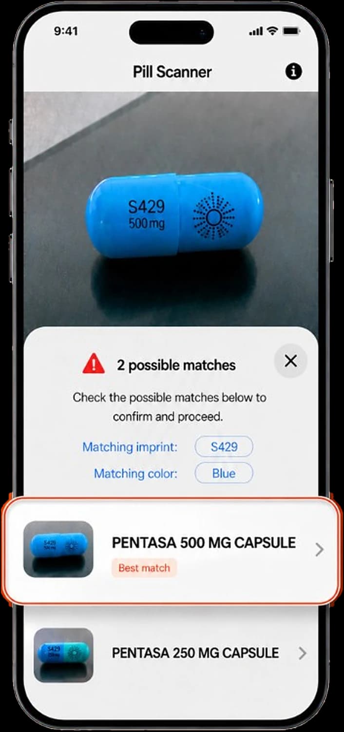 Smart Pill ID pill scanner identifying a blue capsule by picture, showing two possible matches with Pentasa 500 mg as the best match