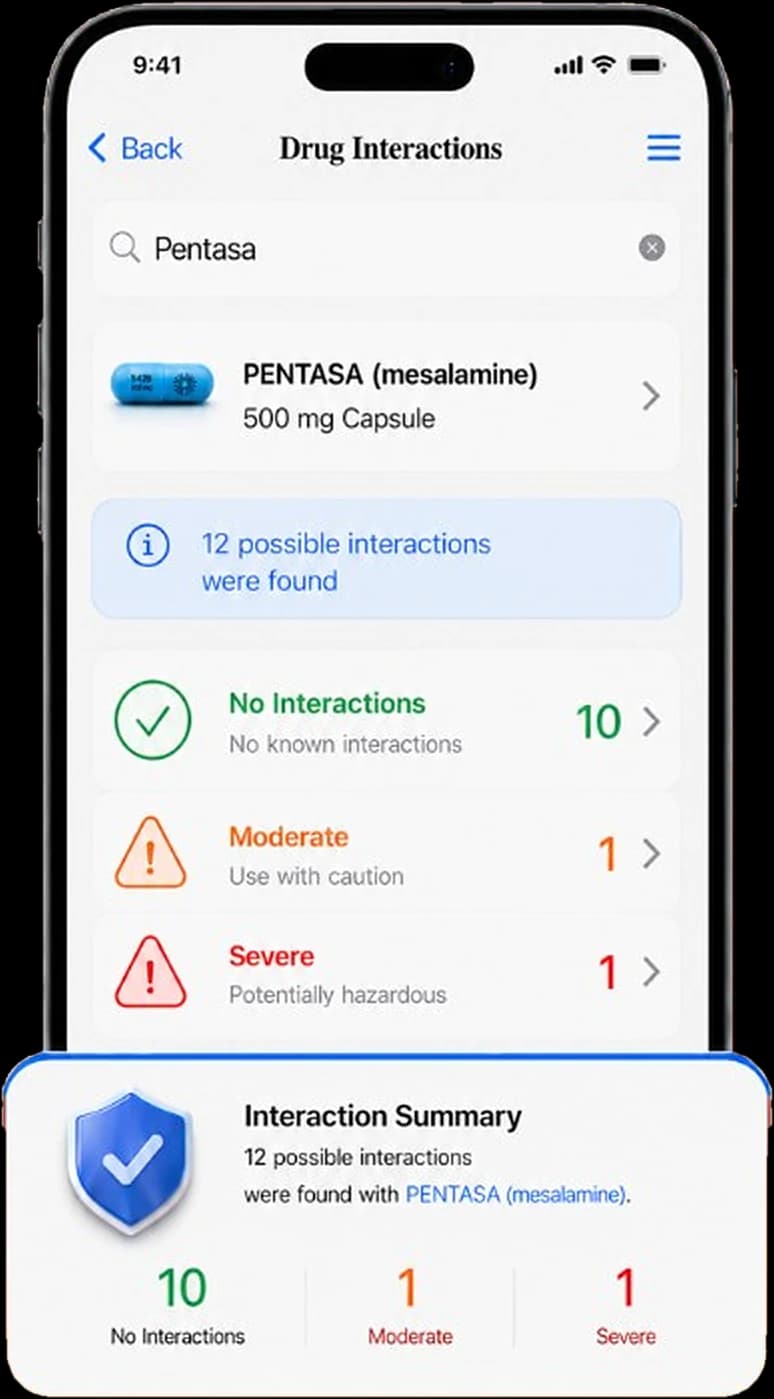 Smart Pill ID drug interactions for Pentasa showing 12 possible interactions grouped as none, moderate, and severe