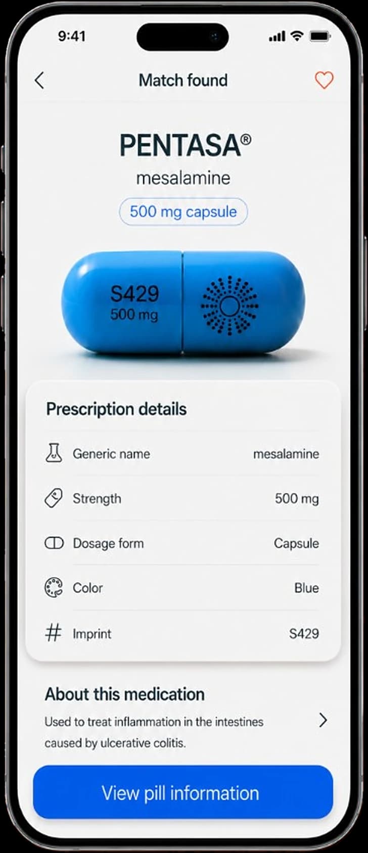 Smart Pill ID match found screen for Pentasa 500 mg capsule listing generic name, strength, dosage form, color, and imprint